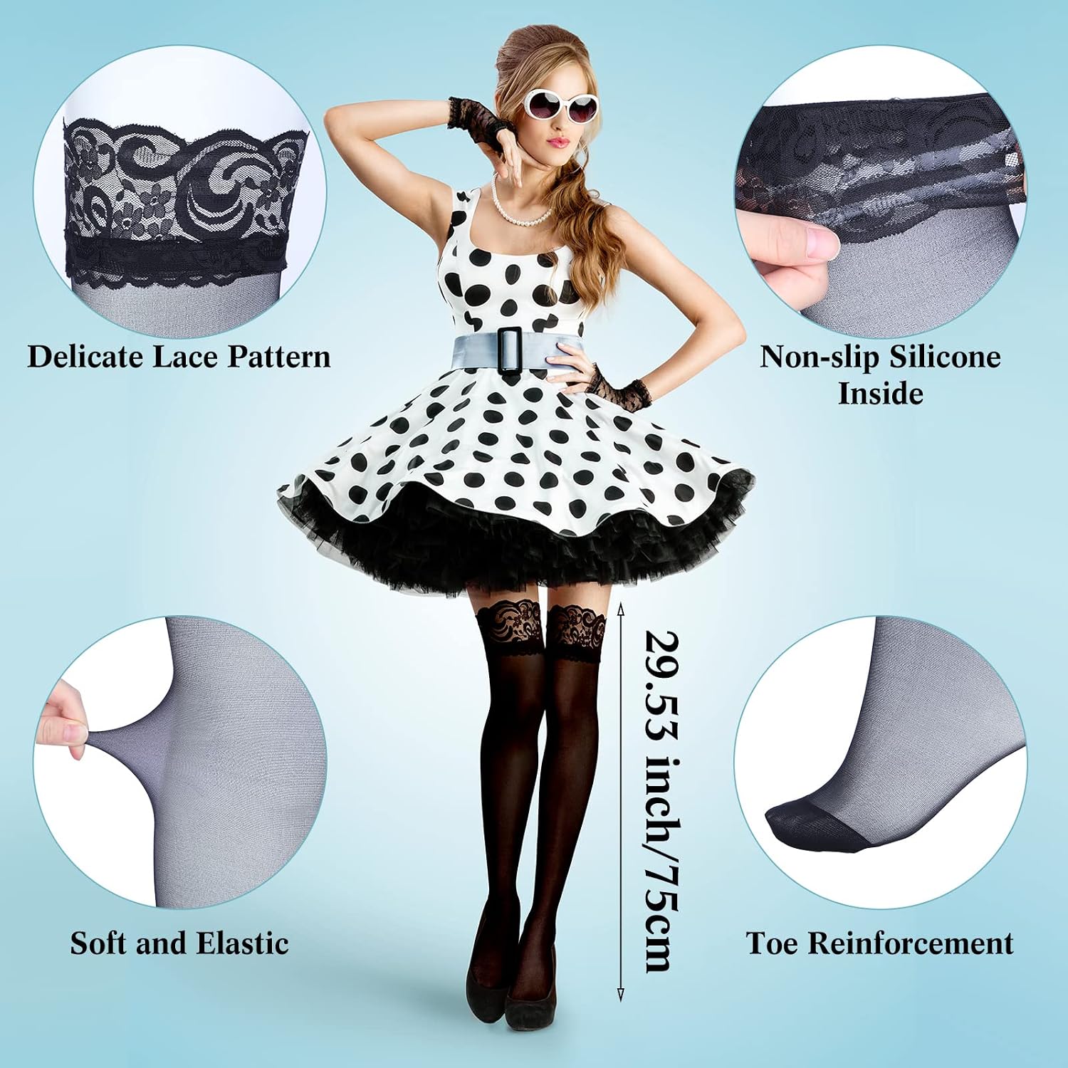 Jeyiour 12 Pairs Thigh High Stockings Silicone Lace Top Semi Sheer Stockings for Women Girls, 11 Colors