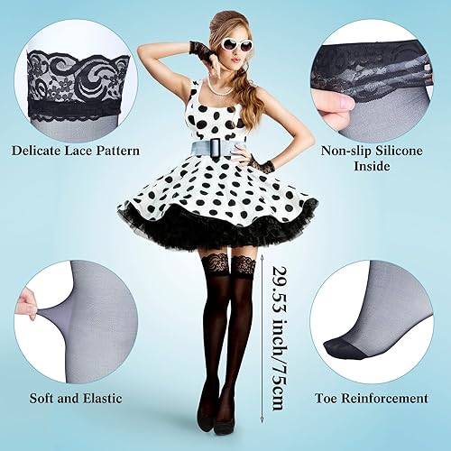 Miniatura 2 de Jeyiour 12 pares de medias altas hasta el muslo de silicona con encaje superior semitransparentes para mujeres y niñas, 11 colores