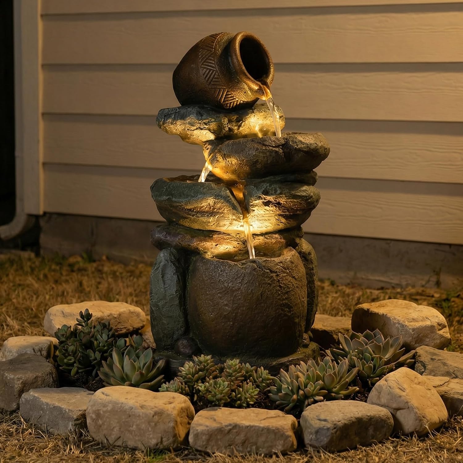Bumilgar Outdoor Rock Garden Water Fountain for Garden, Patio, Backyard, Deck, Porch and Office, Living Room Home Art Decor, 3 Tiers Natural Cascading Outdoor Fountain with LED Lights 11“x9”x22