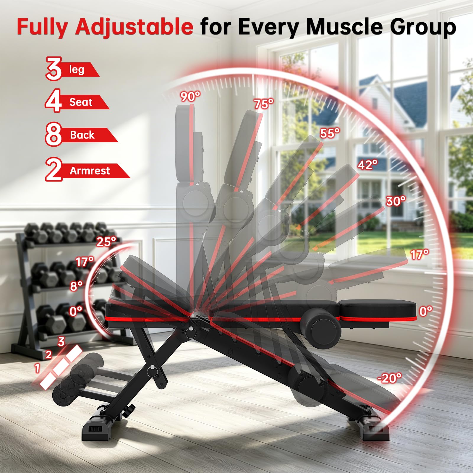 Adjustable Weight Bench for Home Gym, 98% Pre-Assembled Foldable Bench | 660LBS Heavy Duty Weight Bench, 8 Backrest & 4 Seat Positions for Incline Decline Flat Workout, Leg & Elbow Support