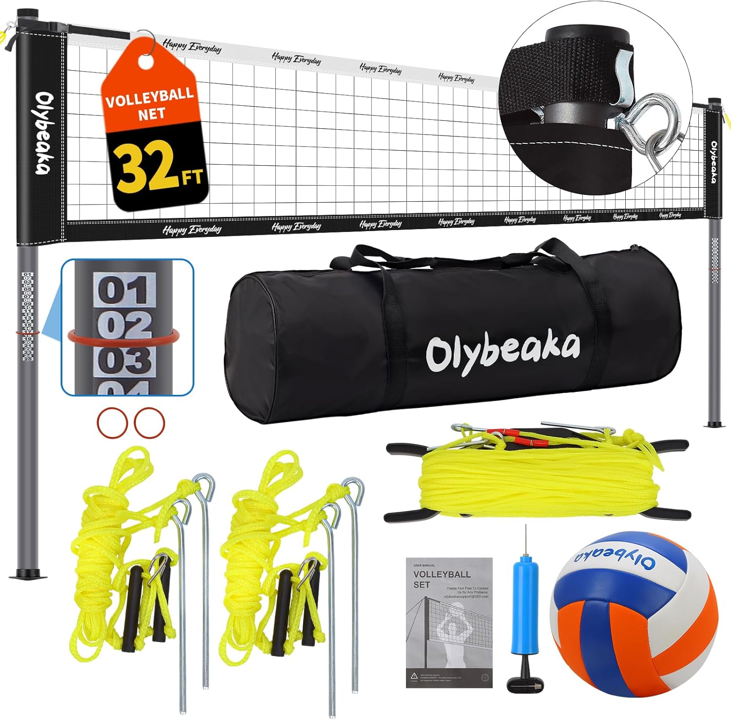 32ft Outdoor Portable Volleyball Net Set for Backyard Beach with Adjustable Heavy Duty Poles, 28-ply Durable Net, PU Volleyball & Pump, Carry Bag