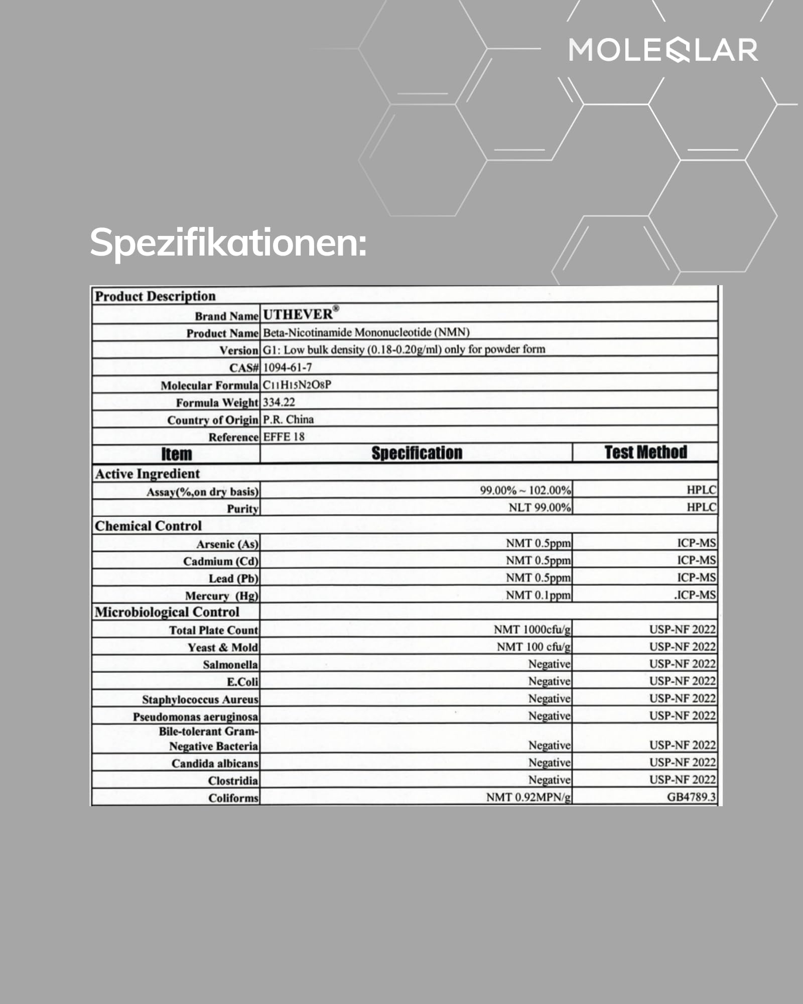 MoleQlar NMN in polvere 30 g di Uthever, integratore alimentare con mononucleotide di nicotinamide, polvere fine da miscelare o inserire in capsule, comoda per l’uso quotidiano e l’apporto integrativo