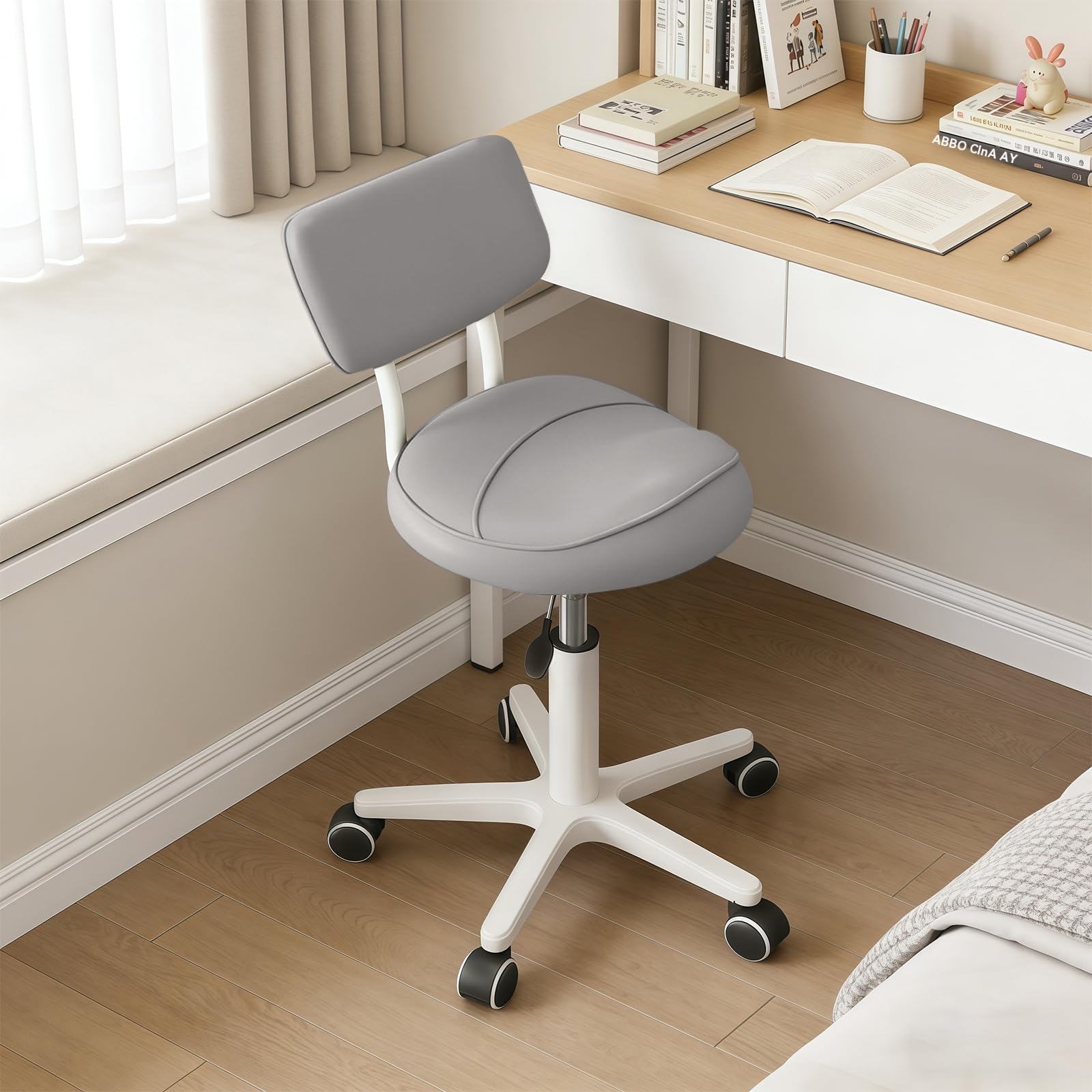 Sattelhocker mit Rückenlehne, gepolsterter Sitz, ergonomischer Schreibtischstuhl, Rollhocker mit Rollen für Friseur, Zahnarzt, Spa, Massage, Büro & Zuhause
