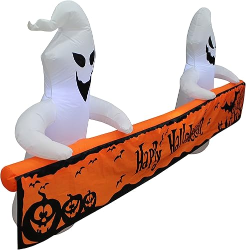 Miniatura 3 de Fantasmas blancos inflables de Halloween de 8 pies de largo con pancarta naranja luces LED decoración de vacaciones al aire libre e interior,