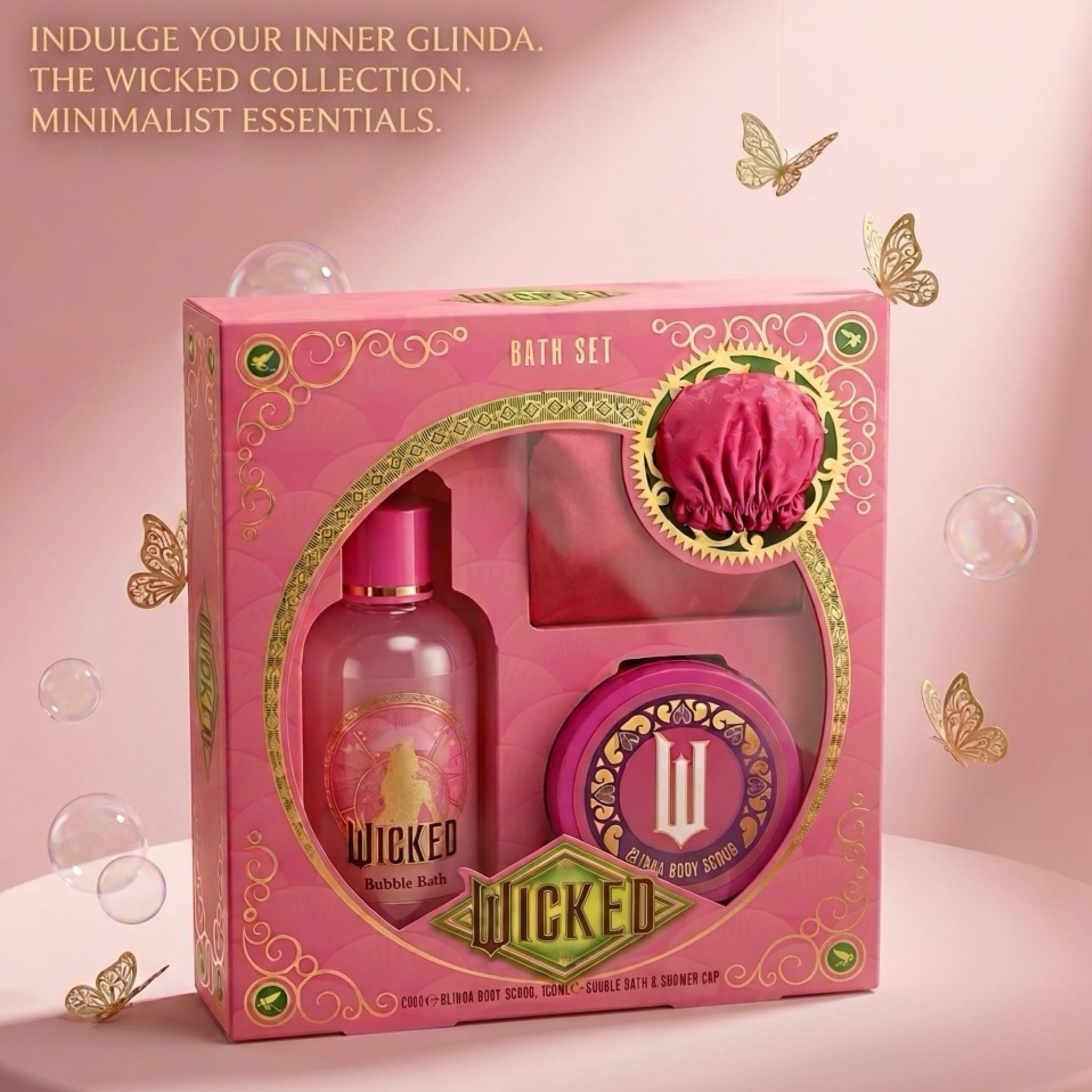 Wicked Glinda - Confezione regalo da bagno in schiuma rosa, burro per il corpo e cuffia da doccia, prodotto con licenza ufficiale Wicked