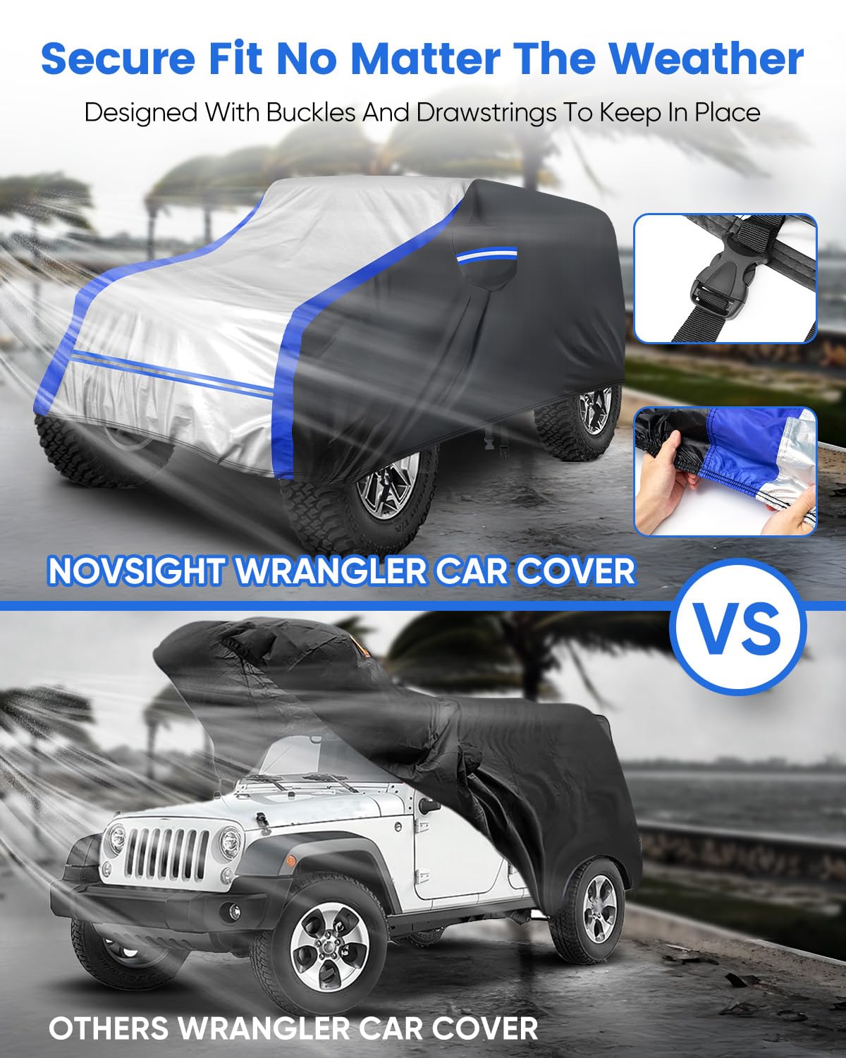 NOVSIGHT Car Cover for Jeep Wrangler 2 Door 2007 2025 JK JKU JL JLU Waterproof All Weather Outdoor — view 3