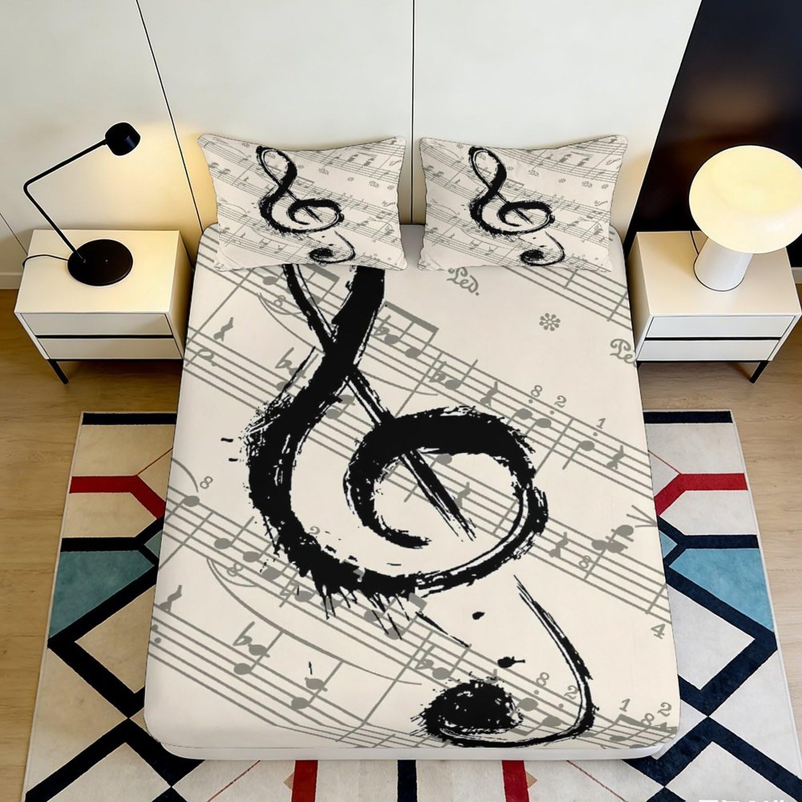 3D Printed Musical Notes Fitted Sheet Microfiber Soft Sheet Music Mattress Cover for Bedroom Dorm Decor 90x200x25cm