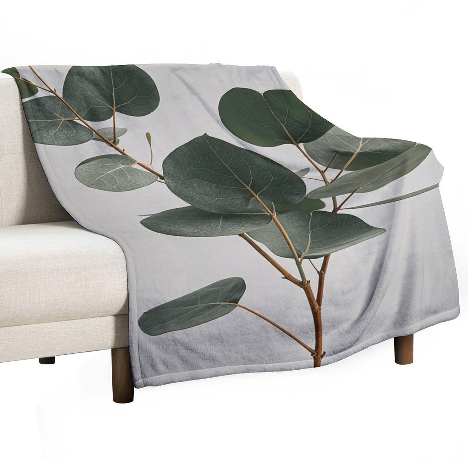 Plaid flanelle douce motif feuilles eucalyptus pour lit canapé et voyage