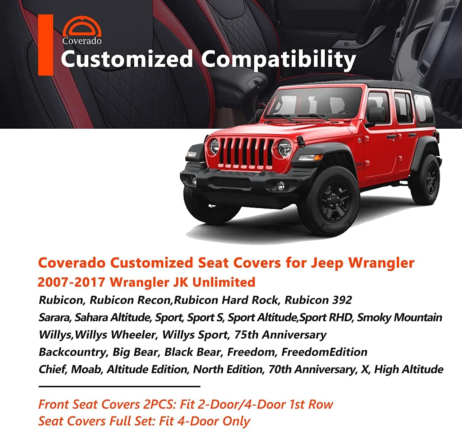 Coverado Housses de siège pour Jeep Wrangler JK – Housses de siège Avant en Cuir pour Camion Wrangler – Housses de siège personnalisées pour Jeep Wrangler 2007 à 2017 2 Portes/4 Portes (Noir)