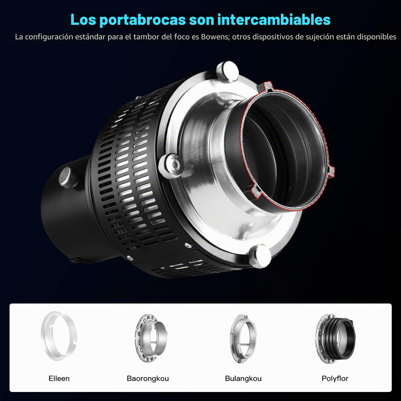 Soonpho Snoot óptico cónico con soporte de Bowens para fotografía,Proyector GOBO de aleación de aluminio,Condensador fotoóptico con 5 filtros de color y 10 gobos para flash de estudio LED Spotlight