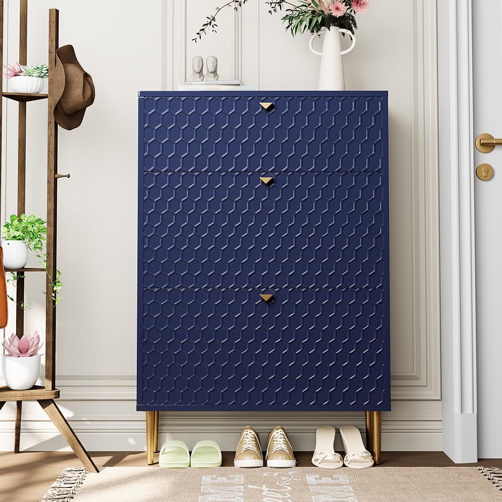 Boyel Living 3 Flip Drawers Free Standing Shoe Racks,Modern Shoes Cabinet with Brass Knobs and Legs, 24 Pair for Entryway (Blue