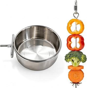 Bird Feeder Bowls & Fruit Holder for Cage, Parrot Food Water Bowls with Fruit Skewer Foraging Toy for Parakeet Cockatiel Conure Budgie Small Birds