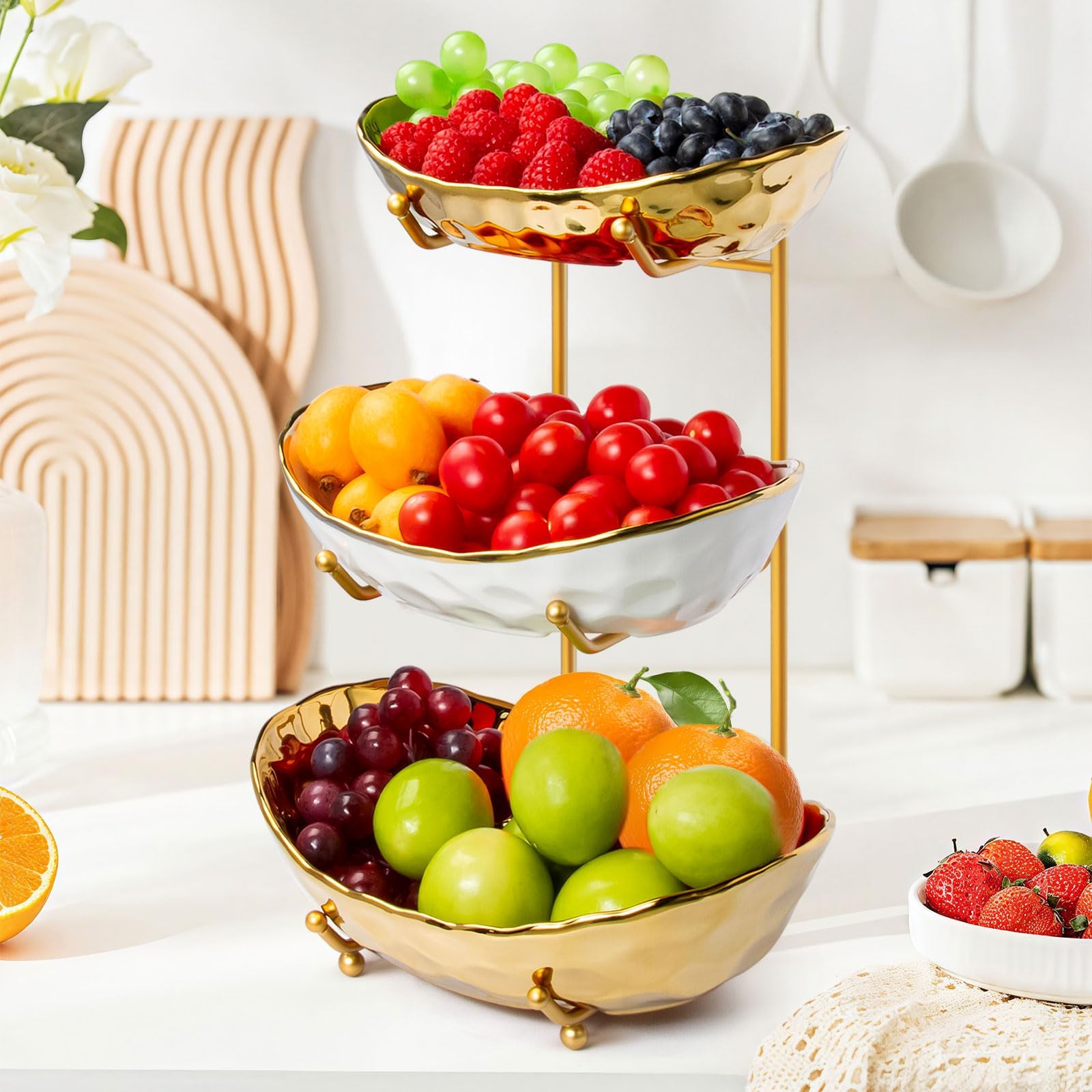 Ceramic Fruit Bowl for Kitchen Counter, 3 Tier Fruit Basket with Metal Stand, Tiered Fruit Rack for Countertop, Modern Multi Serving Bowl for Party Dessert, Vegetable, Snack, Small & Cute(Gold)