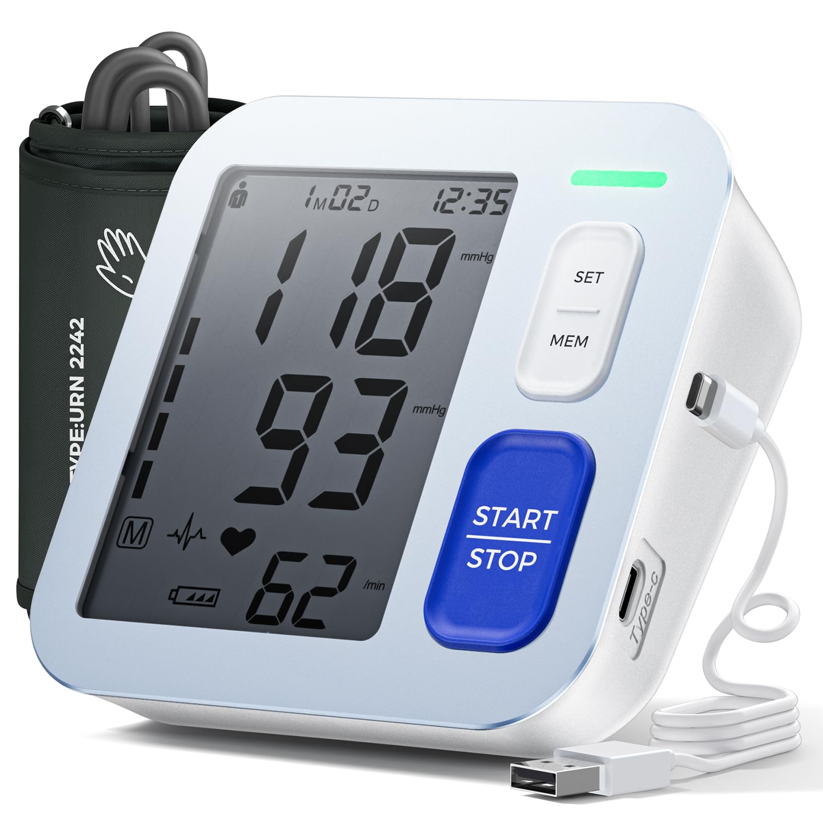 Aidisy Blood Pressure Monitor, Blutdruckmessgerät Oberarm mit Hochauflösende LCD-Anzeige, für Oberarmumfänge von 22-42 CM, Speicherung von zwei Benutzern 2 x 99, AA-Batterie/Typ-C-Ladekabel