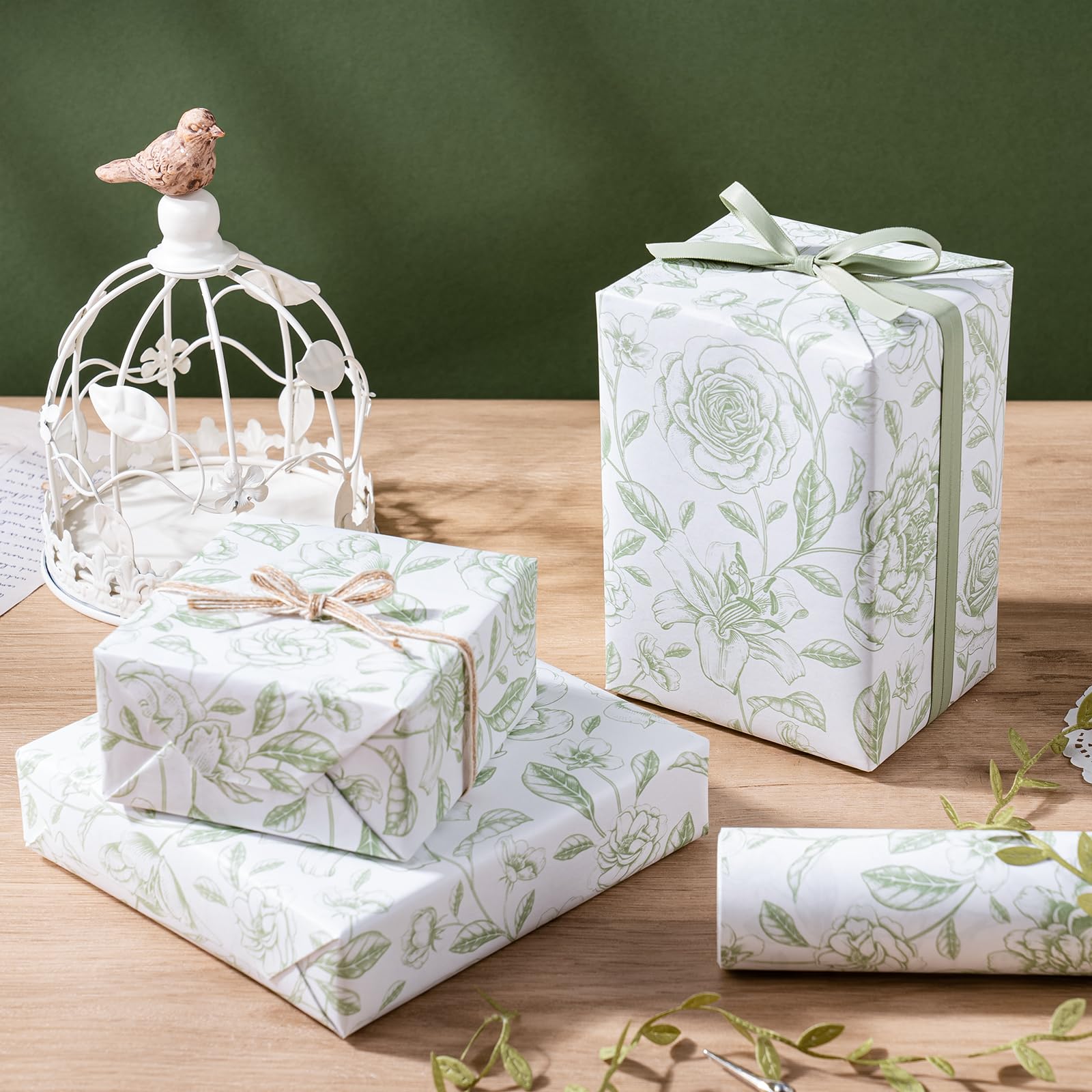WRAPAHOLIC Rollo de papel de regalo floral de estraza, mini rollo, 17 pulgadas x 33 pies, diseño floral verde Toile vintage para cumpleaños, despedida de soltera, boda, baby shower
