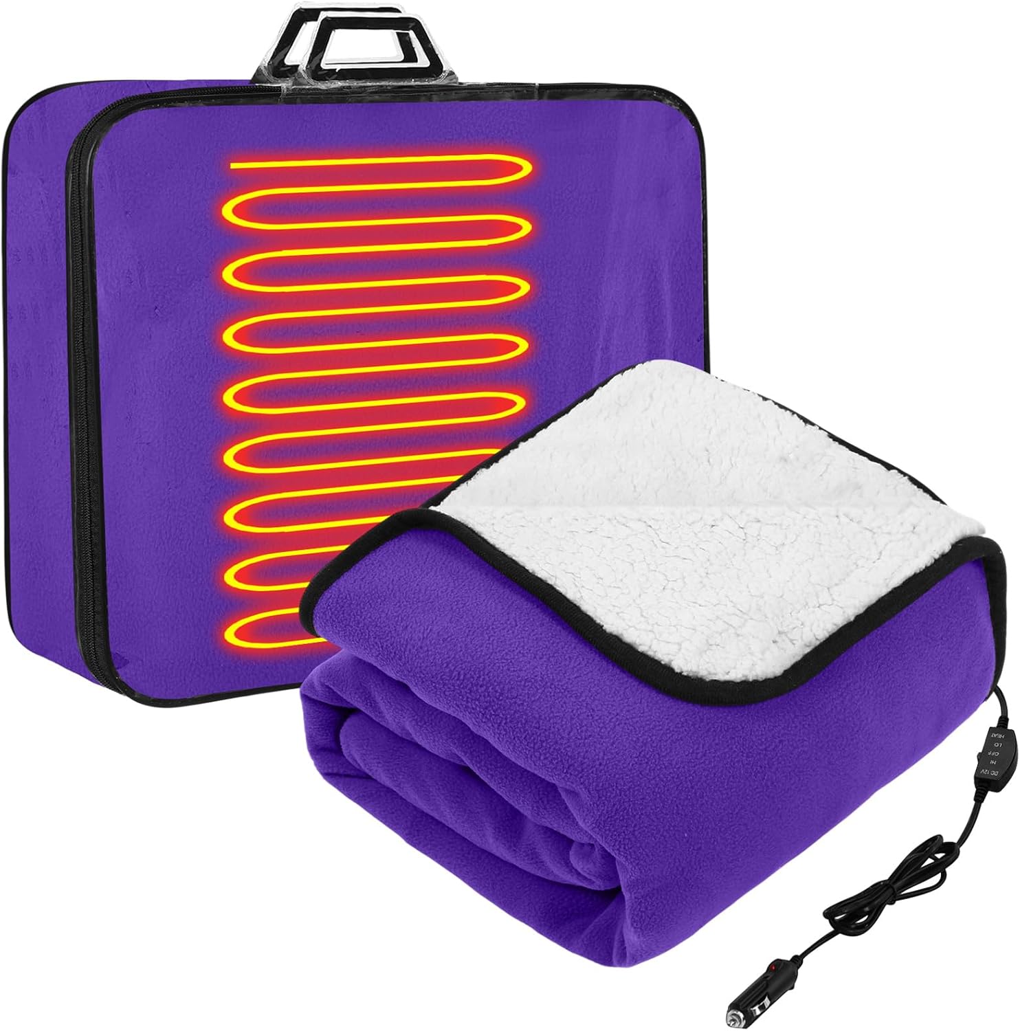 Riakrum 12v Heated Car Blanket 58" x 43", 3 Heating Level Electric Heated Blanket Portable Throw with Temperature Controller Cigarette Lighter Socket for Truck Winter(Purple,Solid)