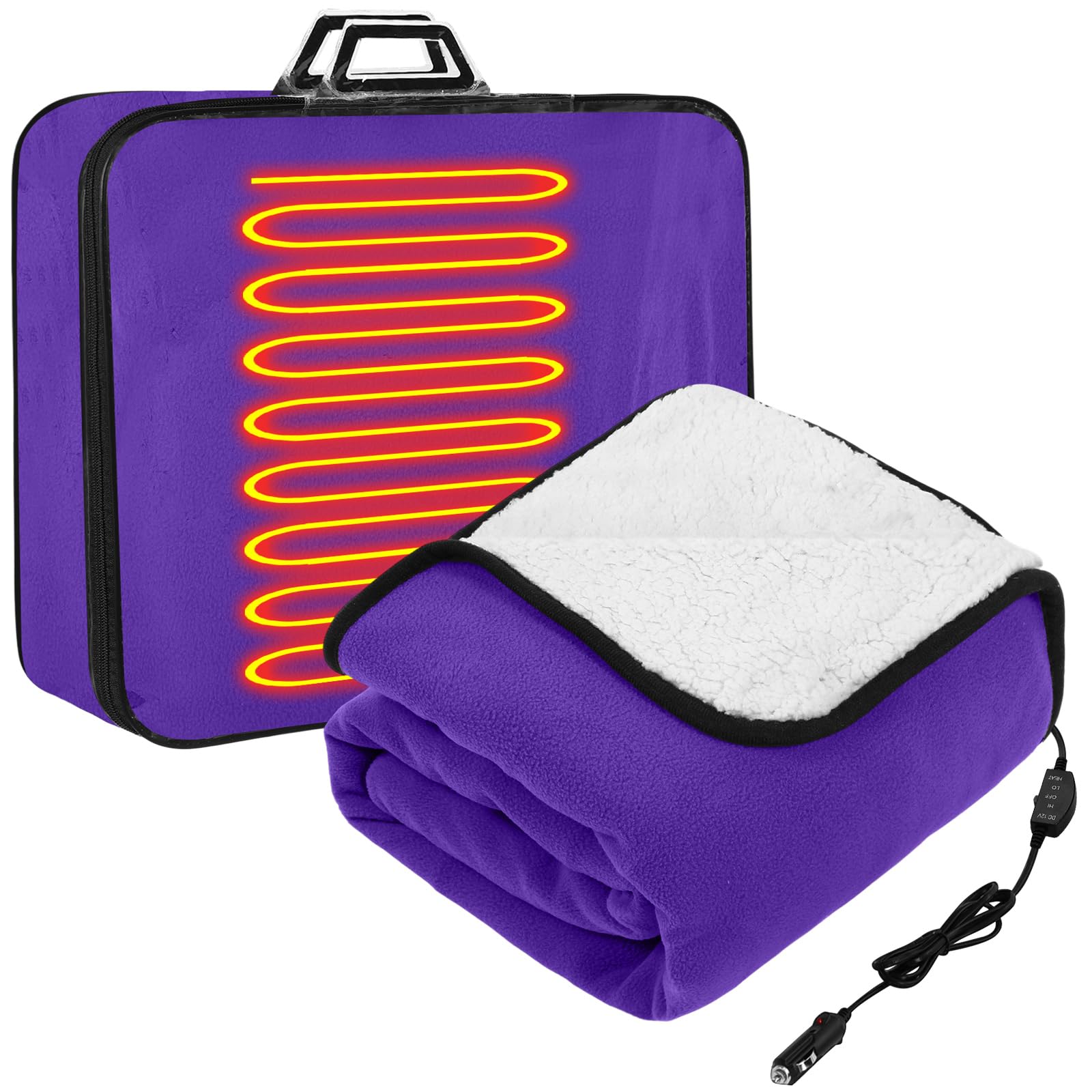 Riakrum 12v Heated Car Blanket 58" x 43", Purple, Solid