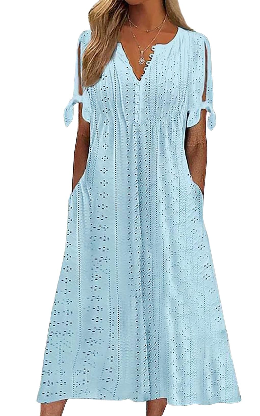 Joligiao Sommerkleid Damen Kurzen Ärmeln Sommer Strandkleid V-Ausschnitt Freizeitkleid Knopfleiste Strandkleider Mädchen Maxikleid Freizeit Strandkleid mit Taschen