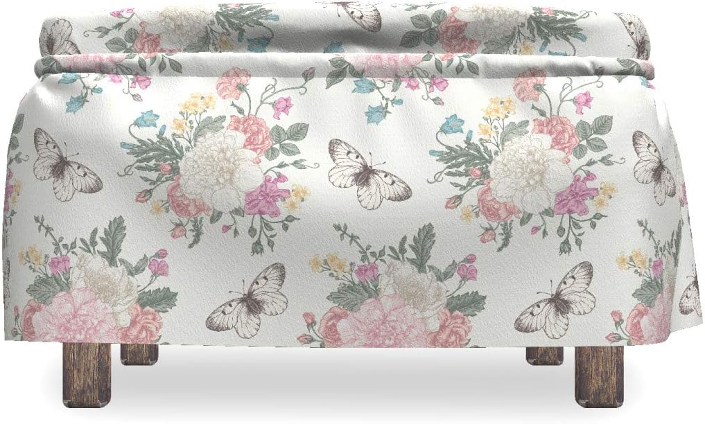 Lunarable Shabby Flora Ottoman Cover, Spring Flora and Fauna, 2 Piece Slipcover Set with Ruffle Skirt for Square Round Cube Footstool Decorative Home Accent, Standard Size, Pale Pink