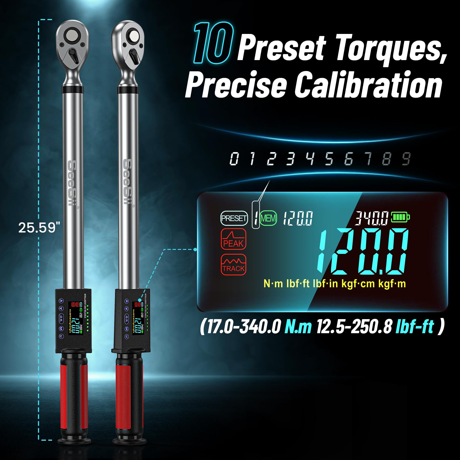 Seesii Llave dinamométrica digital, accionamiento de 1/2 pulgada (340 Nm), precisión de torque del 2%, ajuste de 3 velocidades, con luz LED y zumbador para mantenimiento del vehículo DH340