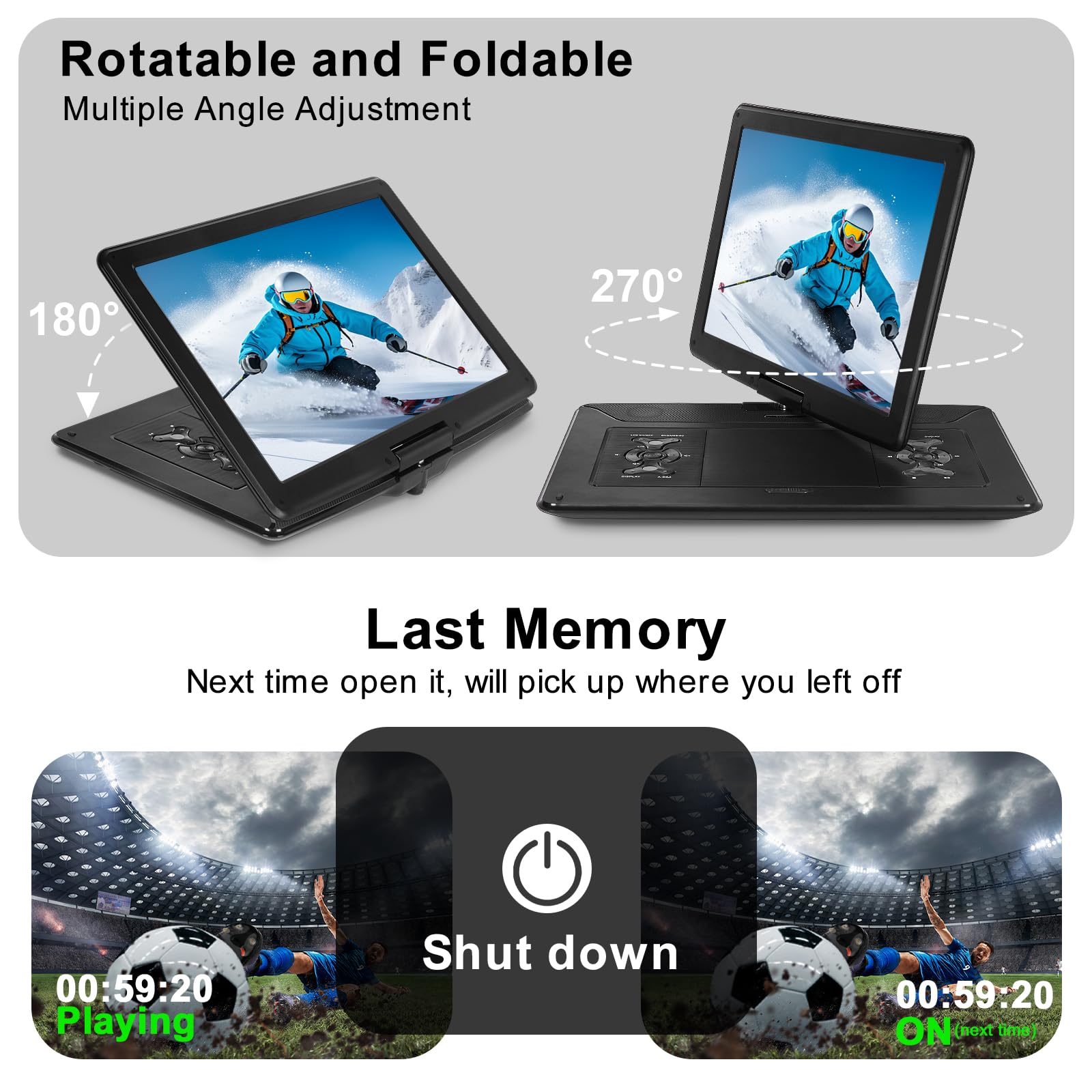 Lettore DVD portatile da 18 pollici con grande schermo HD da 15,6 pollici, 6 ore di riproduzione, lettore DVD portatile con doppio altoparlante, ultima memoria, supporto SYNC TV/USB/SD Card