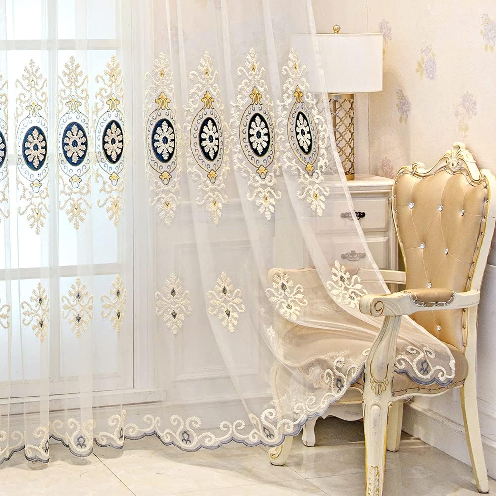 ELKCA Beige Embroidered Sheer with Blue Pattern European Style Curtains for Bedroom Transparent Tulle for Living Room,Grommet Top,52" W x 96" L,2 Panels