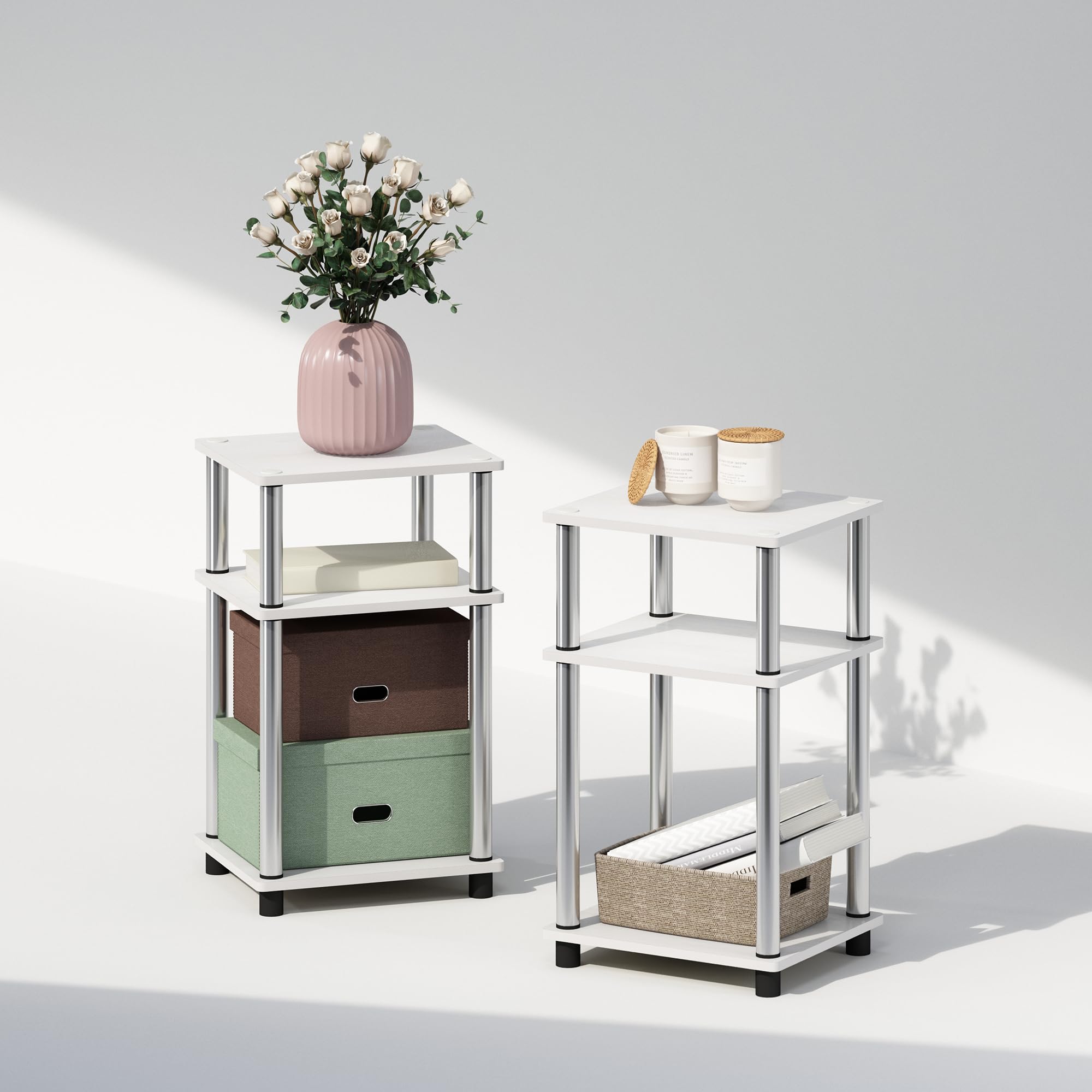 Furinno Just - Set di 2 comodini a 3 livelli, comodini senza attrezzi, comodini con contenitore aperto, per camera da letto, soggiorno, rovere francese