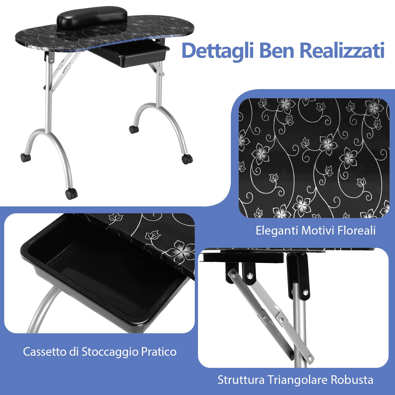 COSTWAY Tavolo per Manicure, Tavolo per Unghie Pieghevole per Estetista con Ruote, Cassetto e Cuscino Poggiapolsi (Nero)