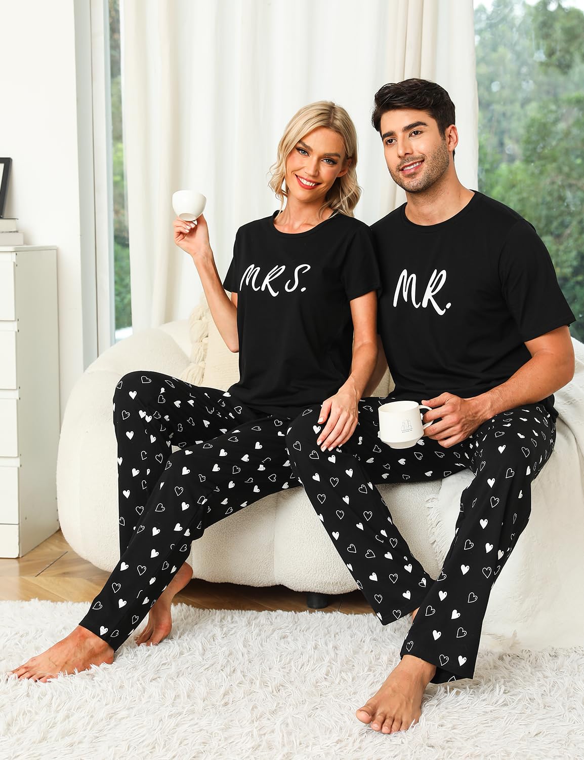 EISHOPEER Pijamas de algodón a juego para parejas, lindos conjuntos de pijama de manga corta y pantalones largos