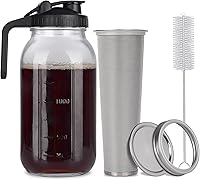 NFFTYUUT 64oz Cold Brew Coffee Maker Mason Jar with Stainless Steel Filter, Handle & Leak-Proof Lid for Iced Coffee, Tea, Lemonade