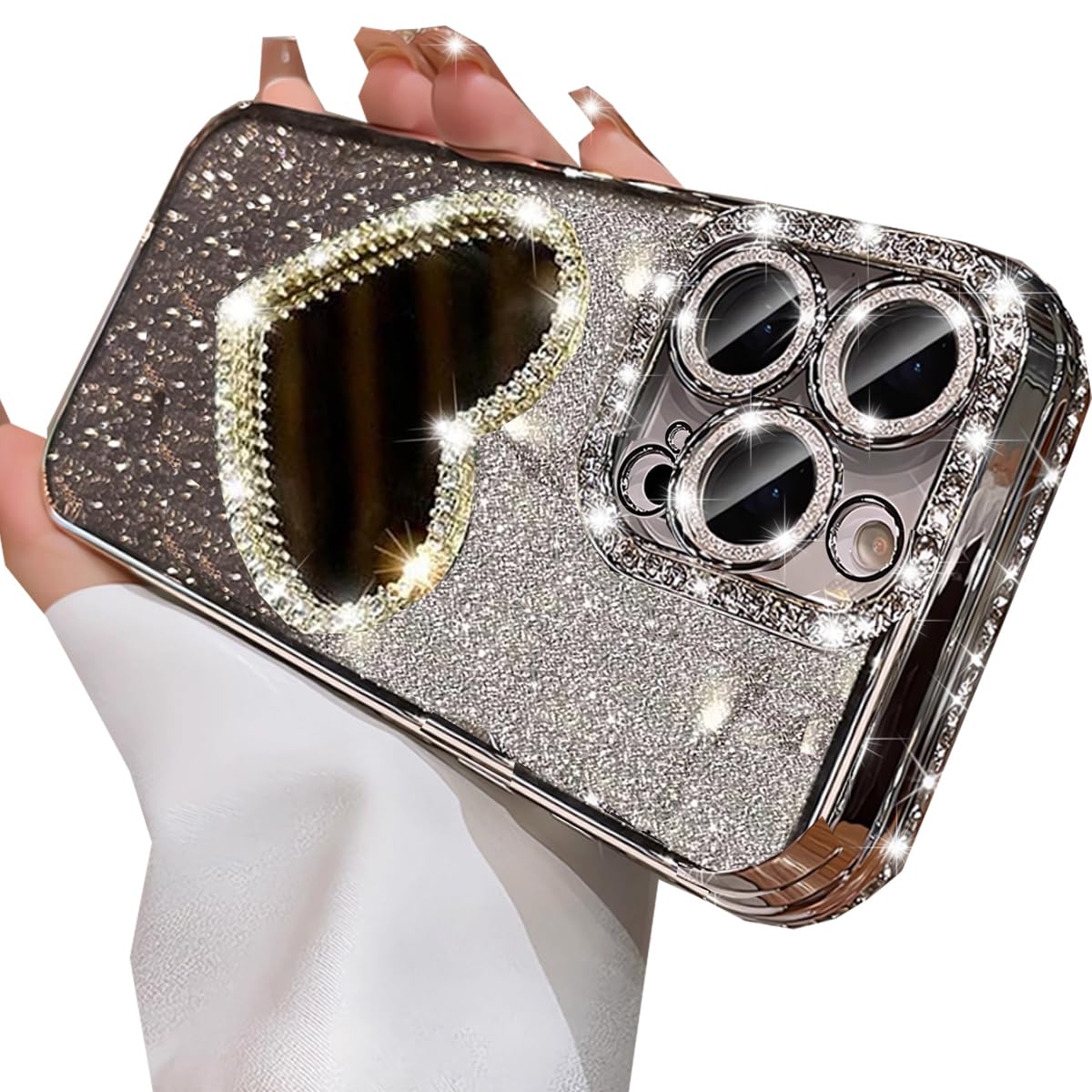 Changjia Glitter Mirror Case for iPhone 16 Pro Max, Luxury Diamond Heart Makeup Mirror Bling Sparkly Rhinestones with Camera Protector Plating Bumper