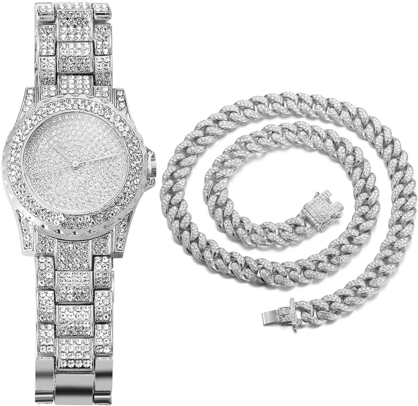 Halukakah Men's Diamond Watch - ECLIPSE - Full Diamonds Handset,18k Real Gold/Platinum White Gold Plated Iced Out,Wristband 8.7"(22cm),Cuban Link Chain 8"+18" Necklace Bracelet Optional,Comes with Giftbox