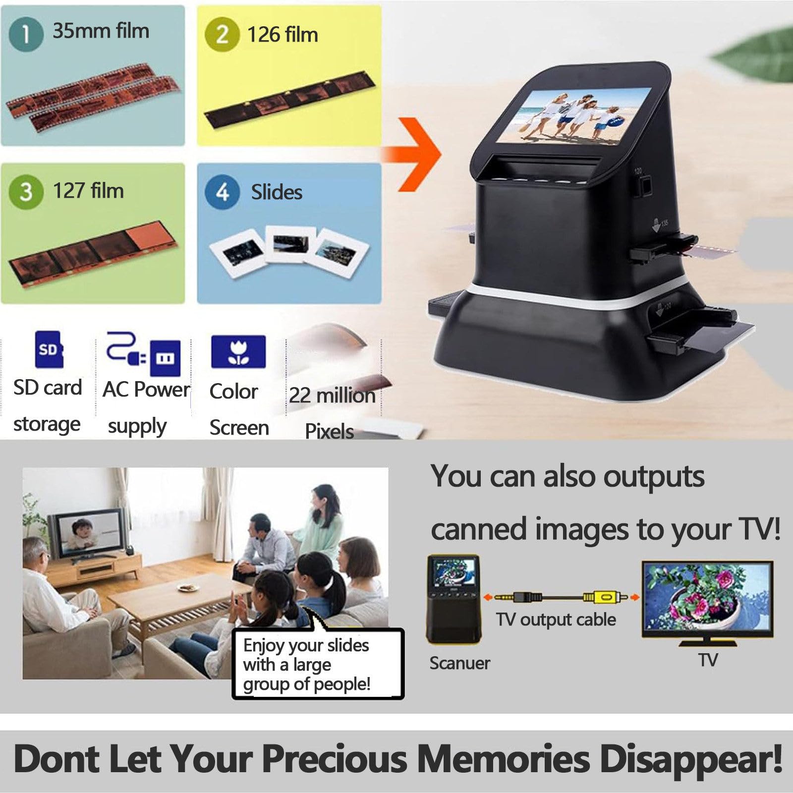 Scanner de diapositives pour 35 mm, 135, 126, 127 négatifs et diapositives vers JPEG numérique, résolution 22 MP, écran LCD 4,3" avec aperçu et édition d'image