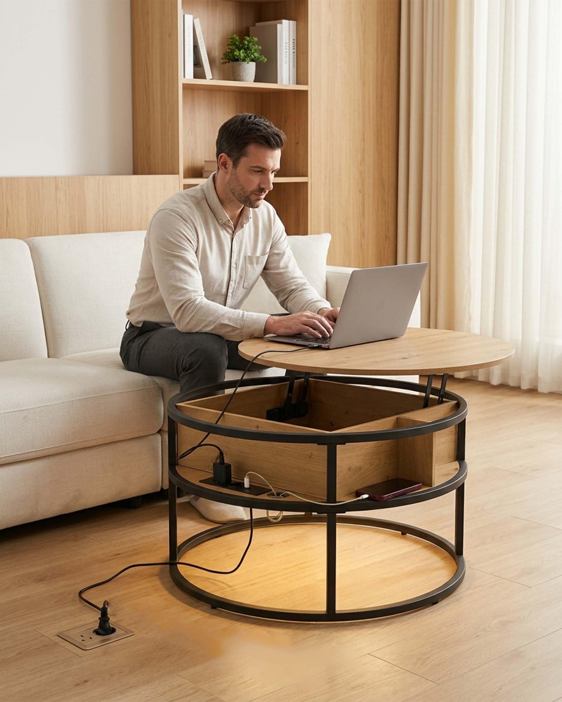 hitsuki Table Basse Relevable avec Rangement Caché, Ronde Salon 80x80x48cm
