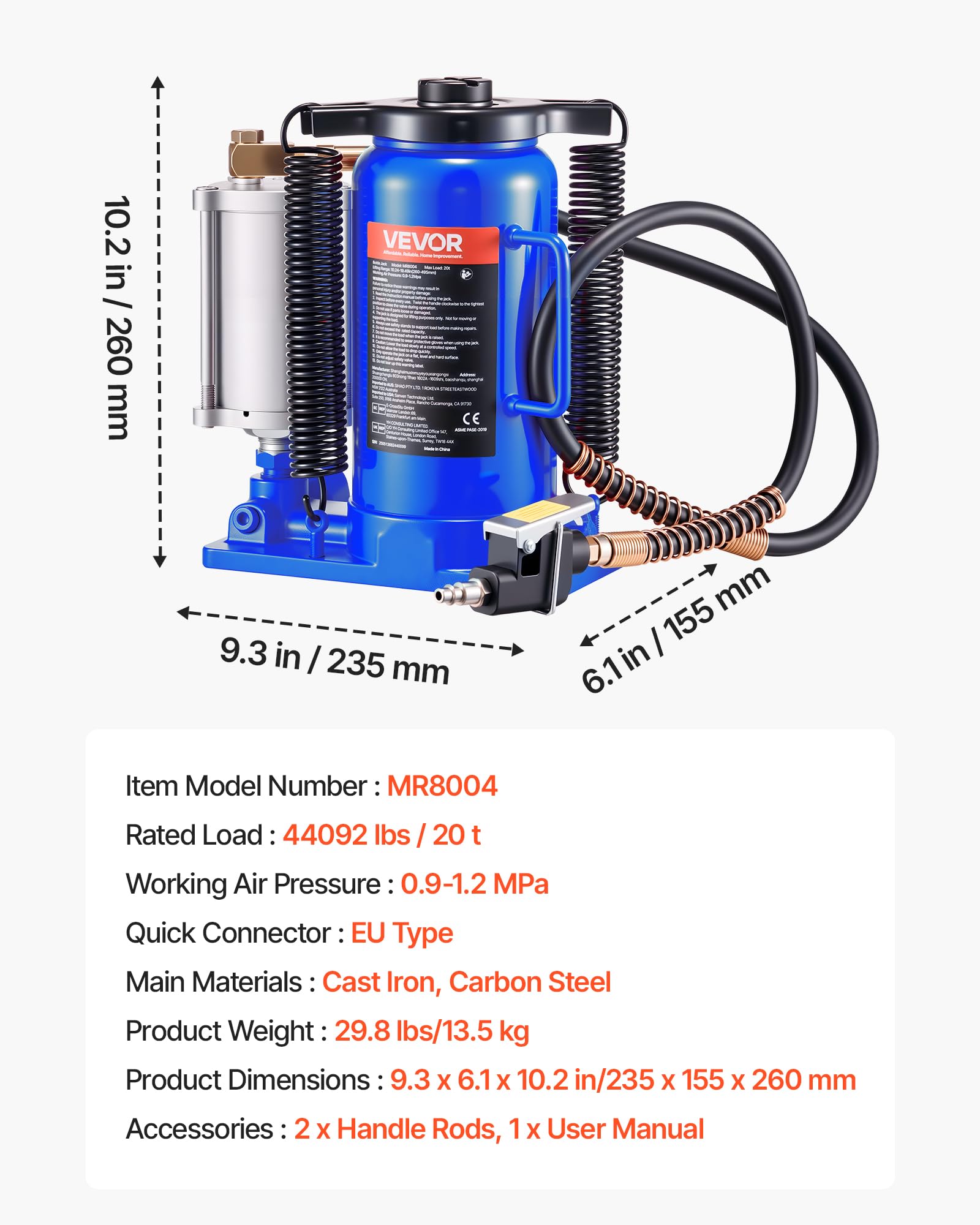 VEVOR Cric Bouteille Hydraulique Pneumatique Capacité 20 T, Cric de Levage pour Voiture Plage de Levage 260-495 mm, avec Pompe, pour Réparation Automobile, Camion Camping-Car, SUV, Atelier, Bleu