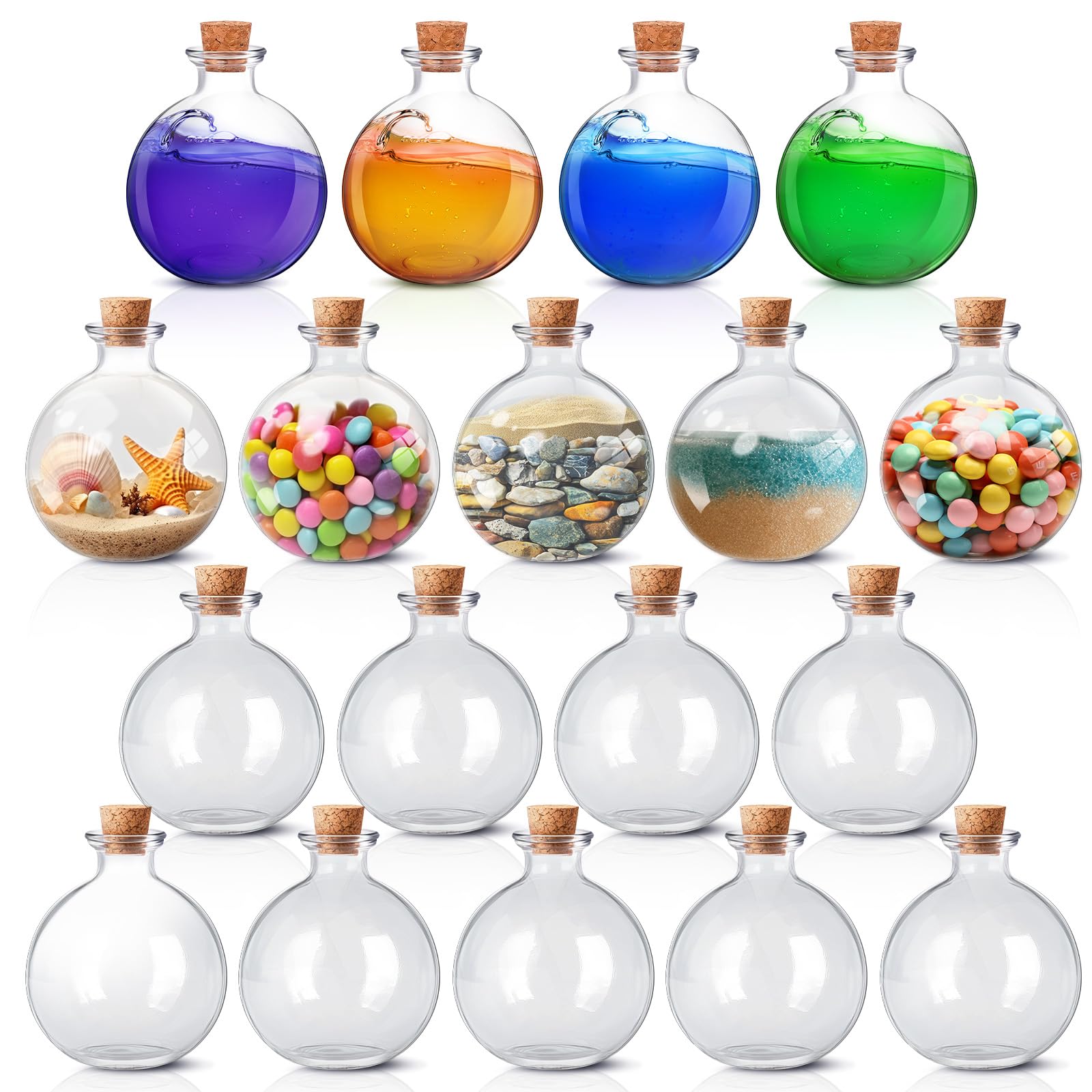 Tessco 18 Pieces Potion Bottles with Cork 8.5 oz Spherical Clear Glass Bottle Round Decorative Glass Sphere Jar for Halloween Decor Costume Props Sand DIY Crafts