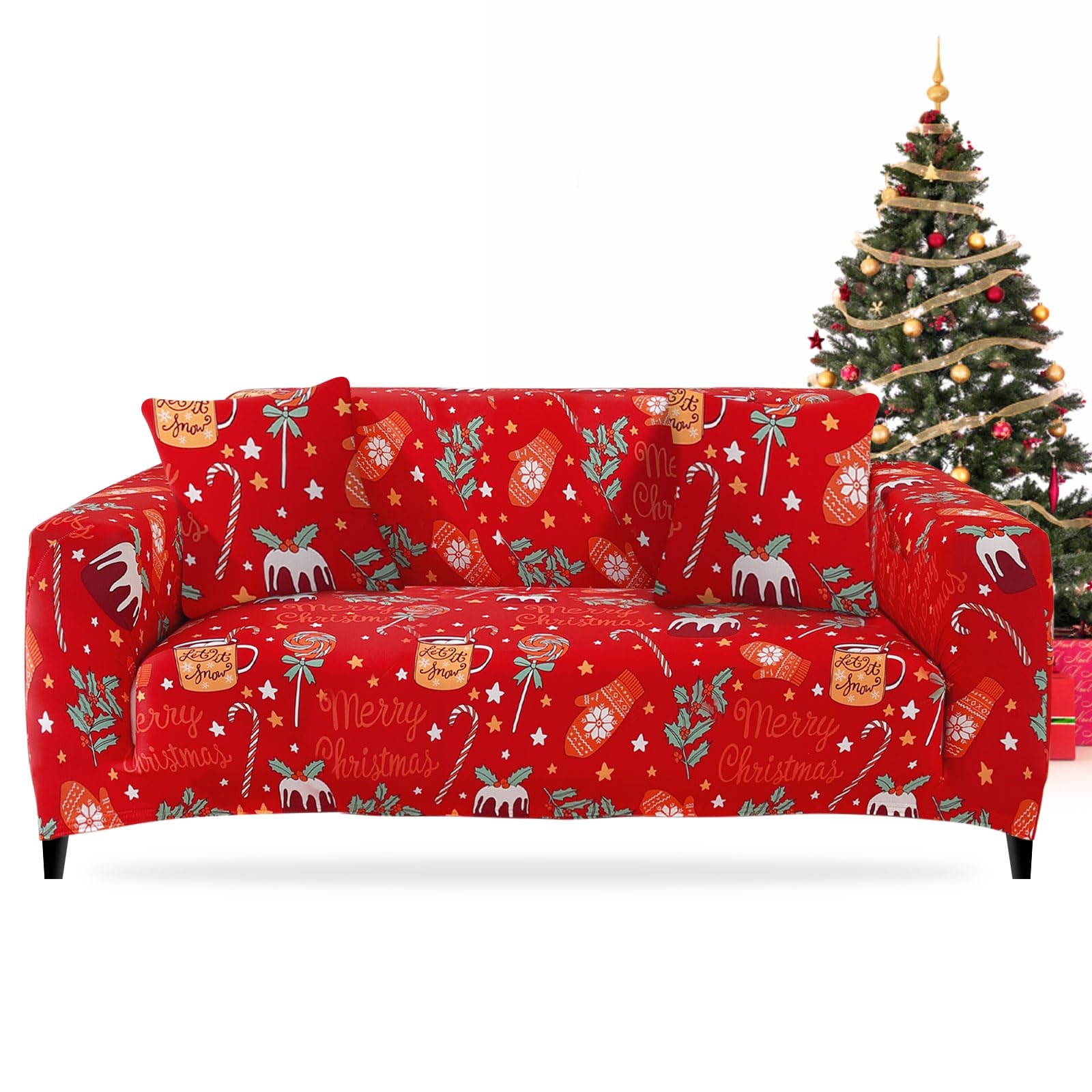 FIGOOO Funda de Sofá Navideña 3 Plazas Ajustable Funda para Sofá Elasticas Cubre Fundas de Sofá con Reposabrazos Funda de sofá Ambiente Navideño,Caramelos Guantes