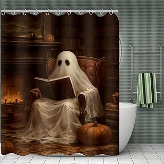 Halloween Shower Curtain with 12 Hooks, Horror Shower Curtain with Ghost Skeleton Pumpkin Design for Halloween Bathroom Decor, Waterproof Fall Shower Curtain Set for Home Party Decoration (#18)