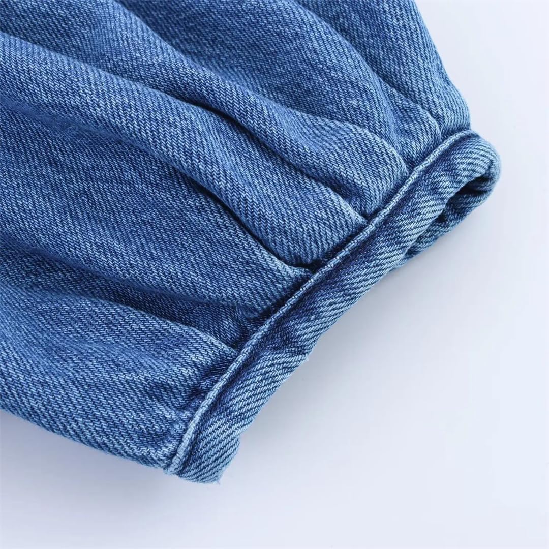 Women's Half Sleeve Denim Top Wide Leg Pants Button Down Collar Casual