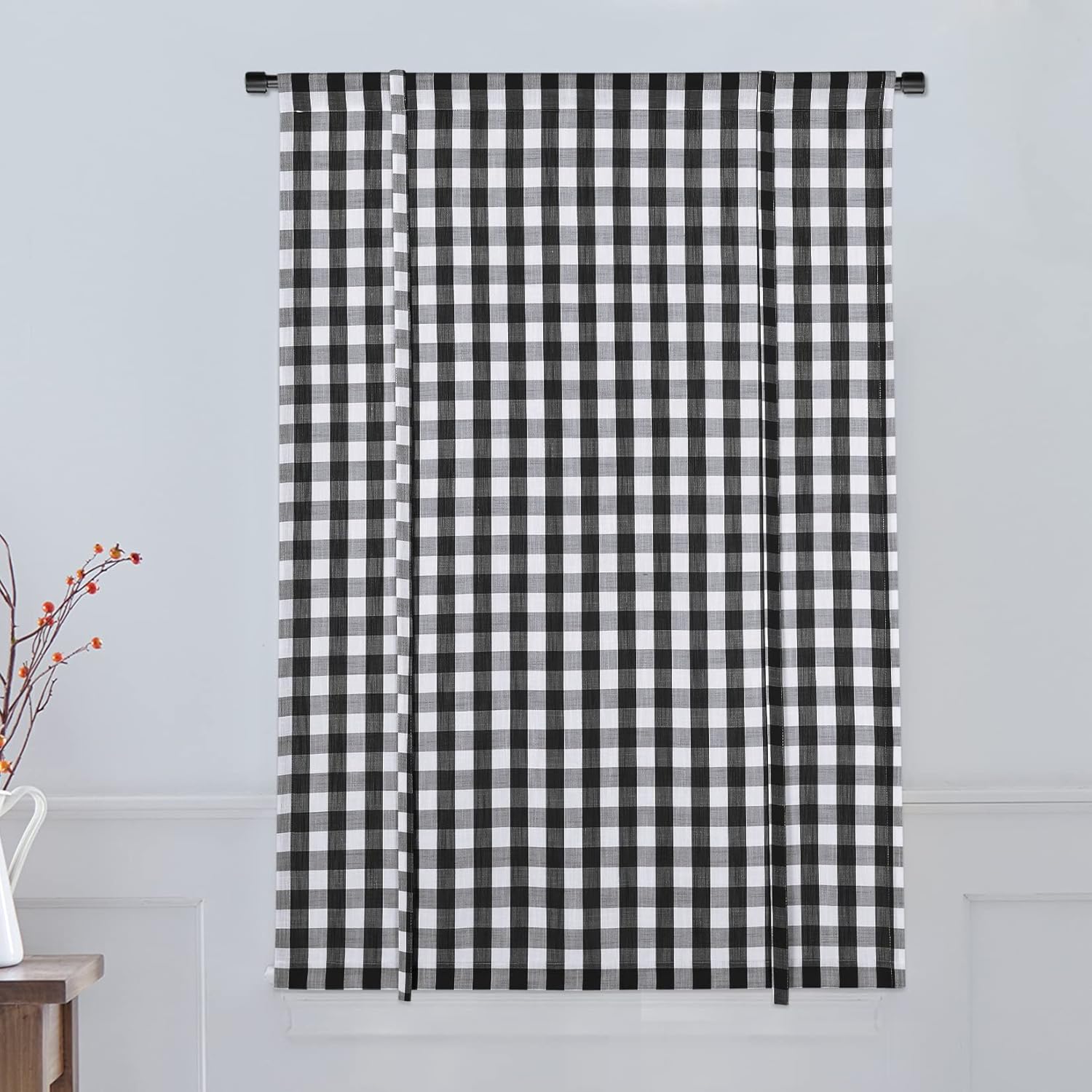 GlowSol Tie Up Curtains for Bedroom Gingham Plaid Window Curtains Rod Pocket Buffalo Check Curtains Adjustable Shade for Kitchen, 42"×63", Black/White