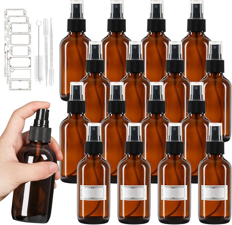 Jaisie.W Frascos de Vidro Âmbar com Pulverizador de Névoa Fina, 120 mL, Pacote com 16