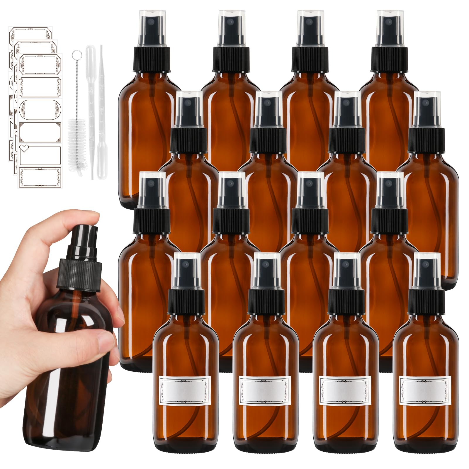 Jaisie.W 4 oz Glass Spray Bottles with Fine Mist Sprayer 16 Pack - Amber Refillable Empty Containers for Essential Oils, Perfumes, Toner, Hair, Skin