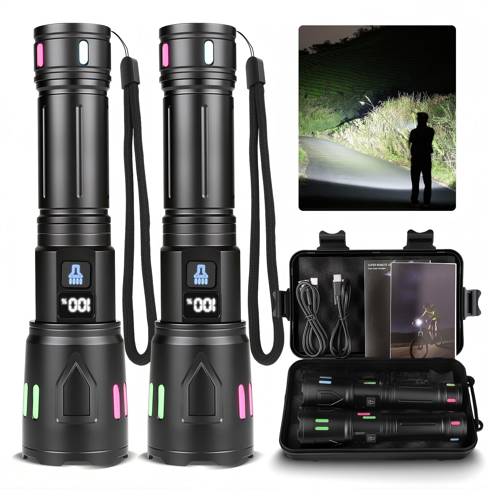 Torches LED Super Bright 10000 Lumens 2 Pack, Rechargeable High Power Torch, Powerful Flashlight with LCD Display, Long-Lasting Flash Light with 3 Modes, Waterproof Zoomable for Camping, Emergency