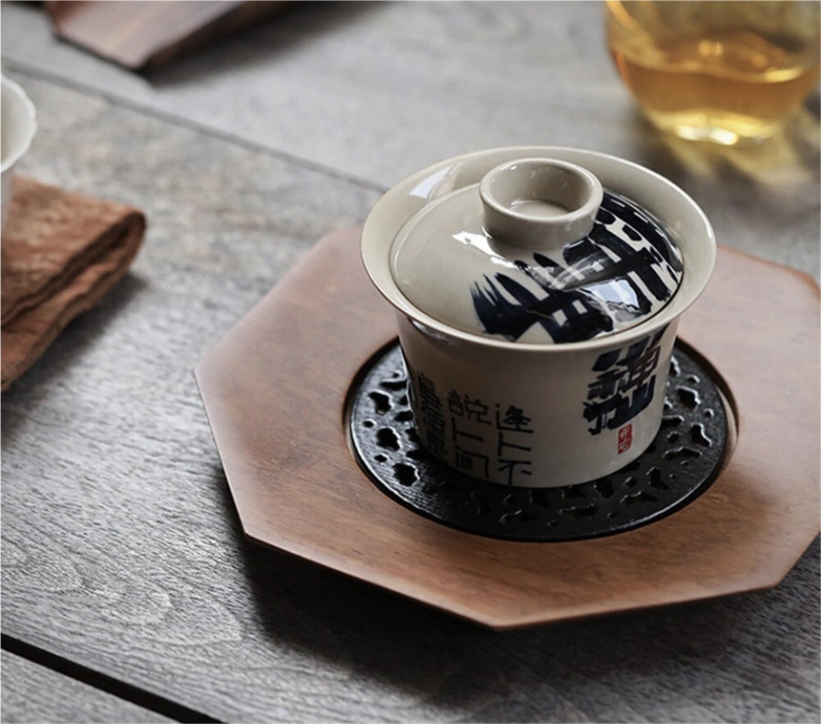 130 ml vintage odręcznie napisany mały nieśmiertelny Gaiwan retro trawa drewno szara herbata Tureen domowa pokrywa do robienia herbaty miska do herbaty rzemiosło