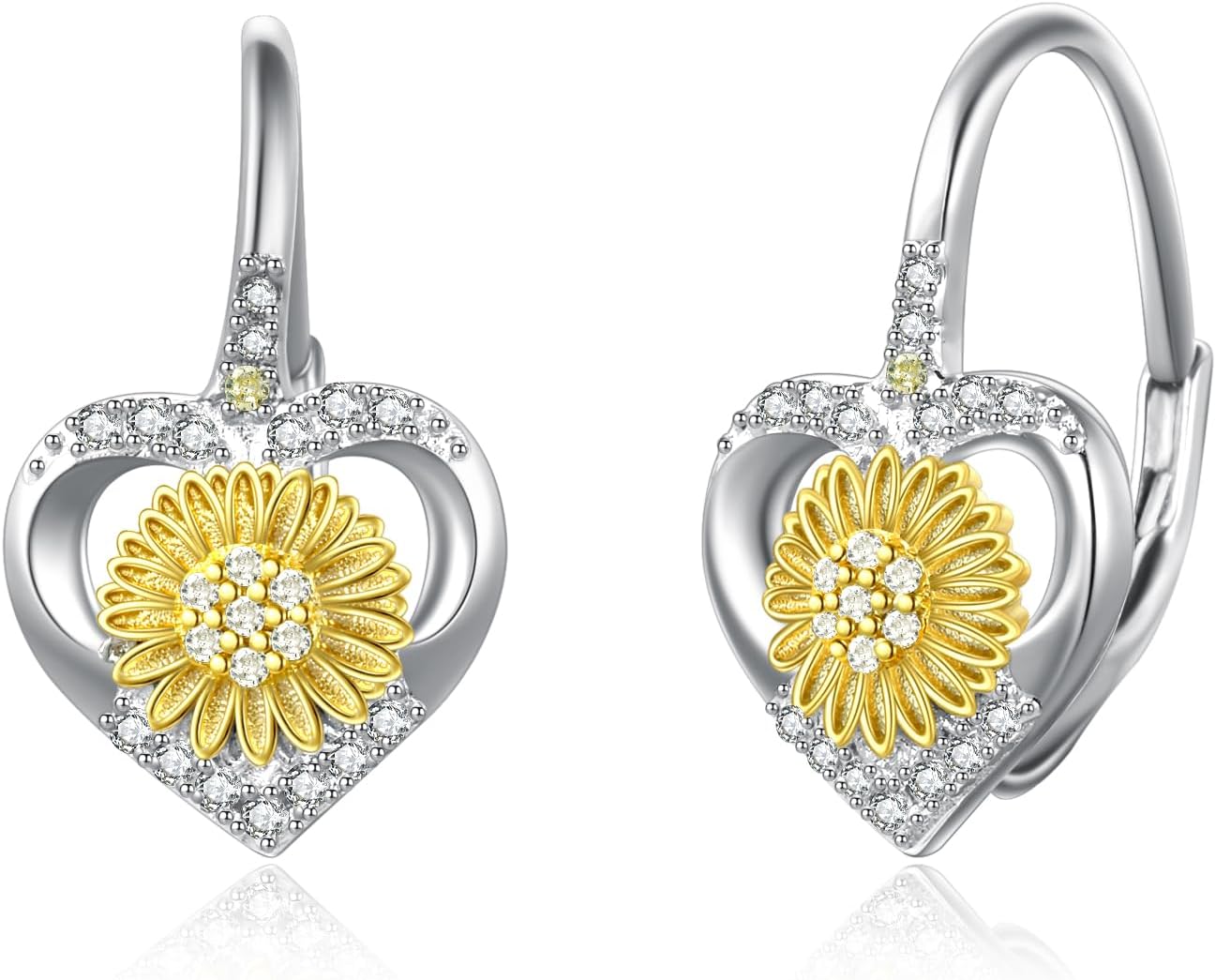 Daisy/Sunflower Leverback Earrings Sterling Silver Heart Flower Earrings for Women