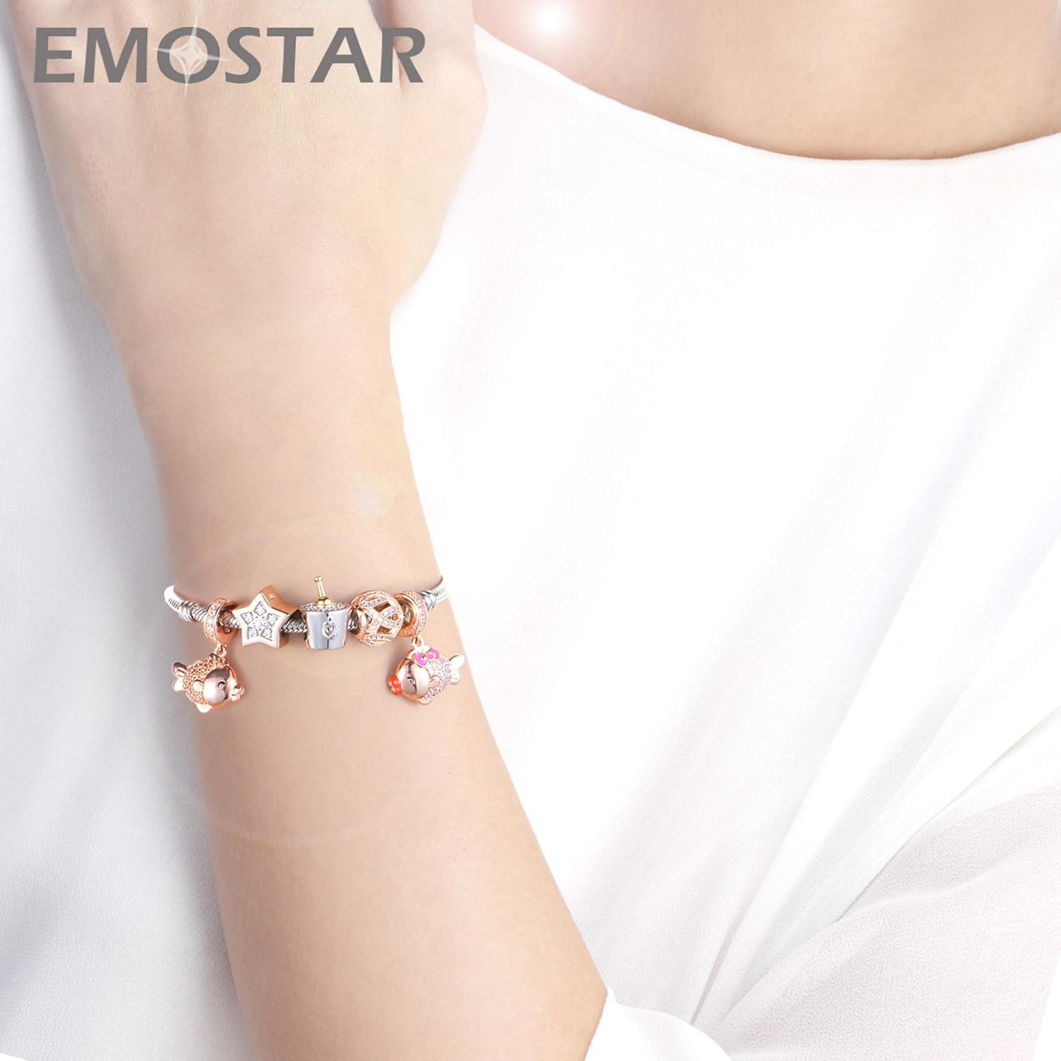 Rose Gold Valentines Day Charms fits European Bracelet, Couple Lovers Charms, My Wife Charm, Heartbeat, Star Crescent Moon Dangle, Knotted Heart Charm in 925 Sterling Silver, Gifts for Mother/Friend