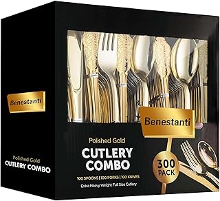 300 Pcs Gold Plastic Silverware Set Cutlery Disposable Flatware Heavy Duty Plastic Silverware,100 Gold Plastic Forks,100 Gold Spoons,100 Gold Knives,for Party,Birthday,Gold Utensils