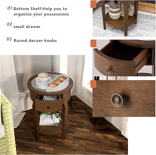 Miniatura 6 de HOMPUS Juego de 2 mesas auxiliares con espejo, tocadores con estante de almacenamiento, mesita de noche redonda con veta de madera, mesa decorativa