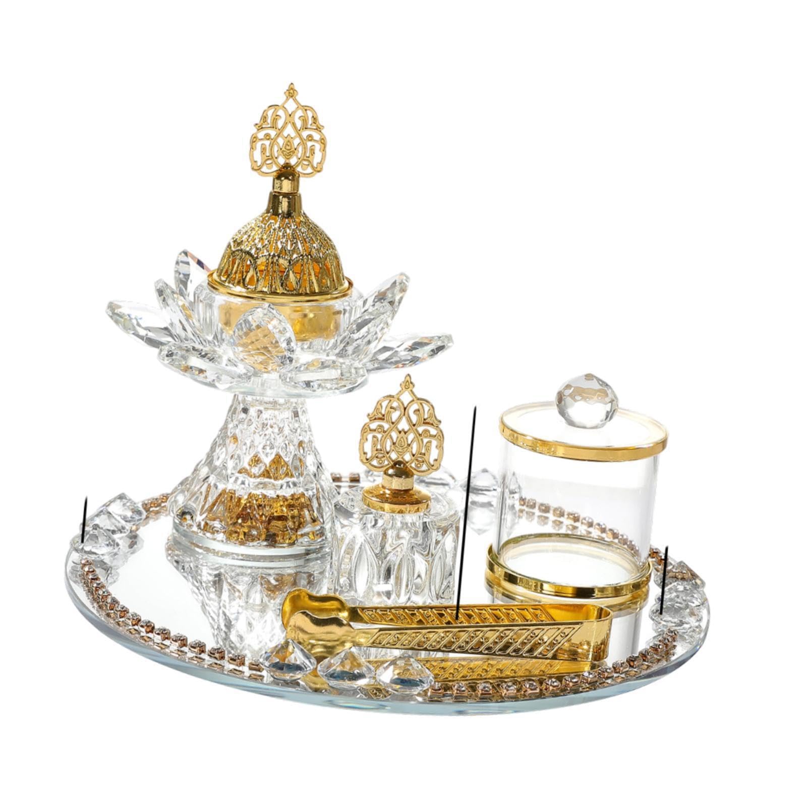 QIXCXAZ Incense Burner Glass Censer Set Featuring Tray Storage Jar And Tongs Calming Retreats Meditation Room Traditional Arabian Incense Holder Table Decor