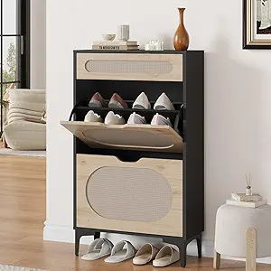 GarveeHome Rattan Shoe Cabinet with 2 Flip Drawers and 1 Pull-Out Drawer, Free Stand Shoe Storage Cabinet, 3 Adjustable Shelf, Narrow Shoe Cabinet for Entryway/Porch, Black